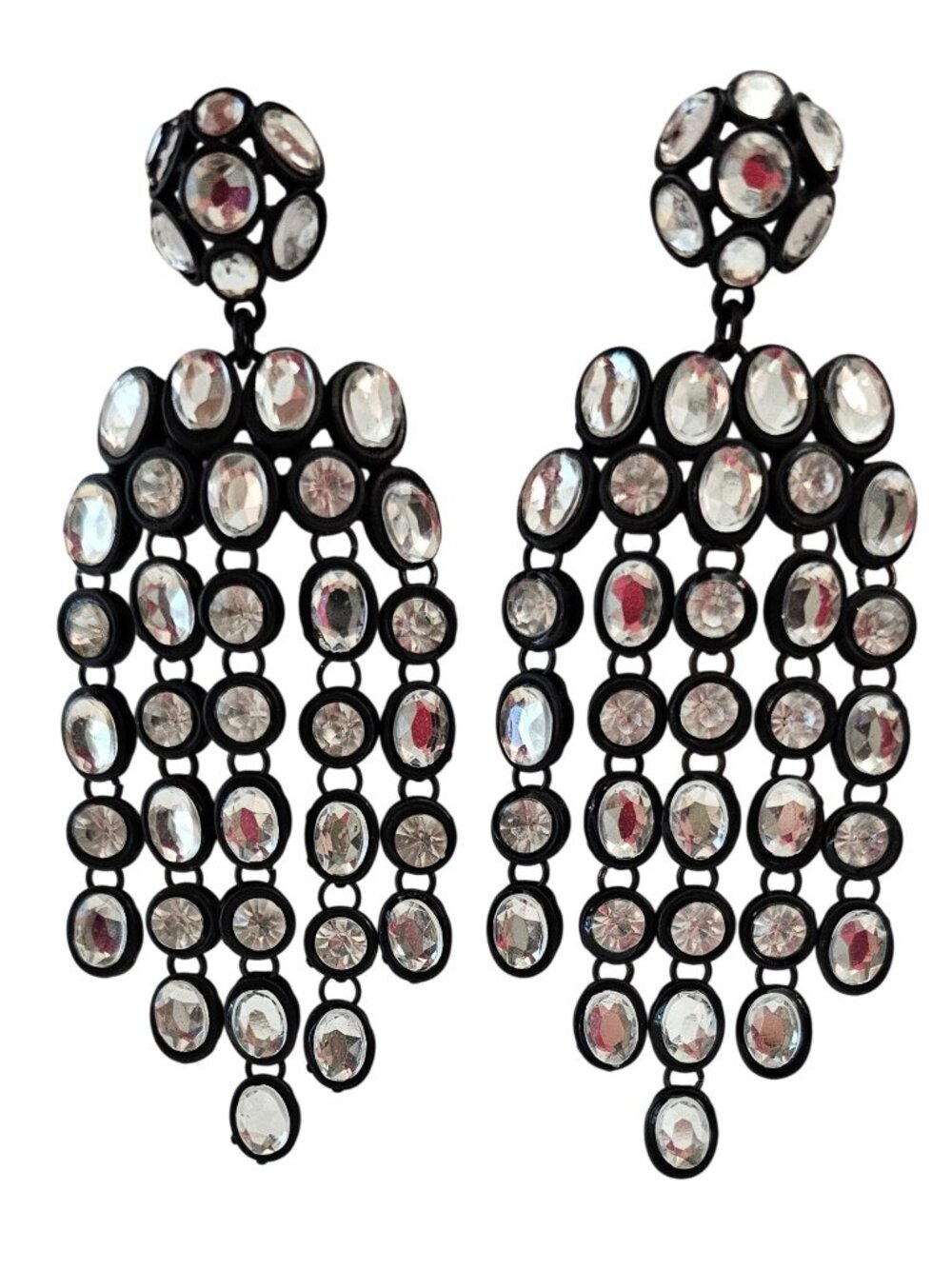 Clear Resin Rhinestone Black Metal Waterfall Chandelier Dangle Post Earring J634